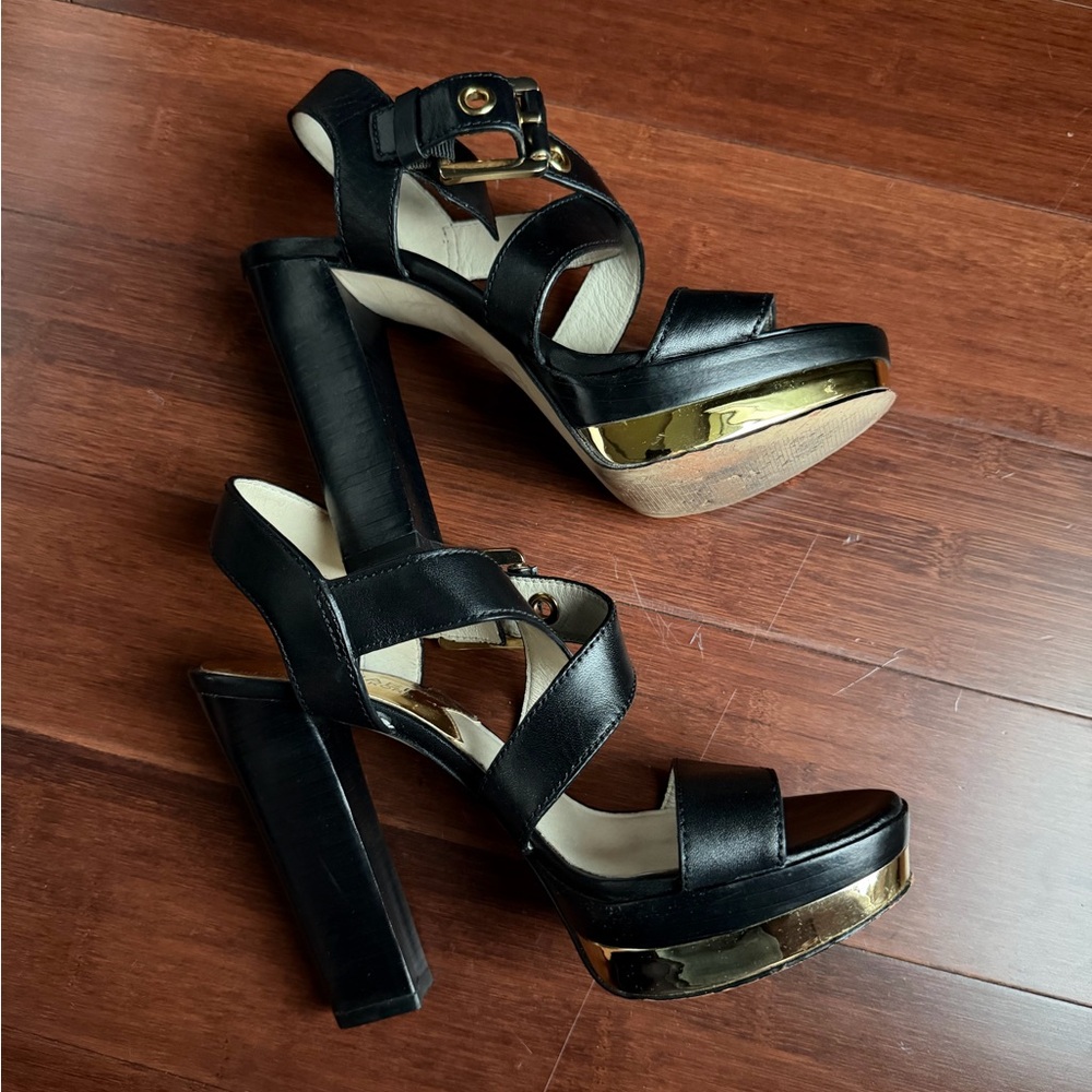 Michael Kors Black Platform High Heel Sandals with Gold Accent